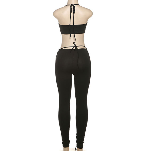 Solid Color Halter Crop Top Hollow Out Laced Up Legging Set