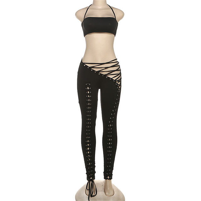 Solid Color Halter Crop Top Hollow Out Laced Up Legging Set