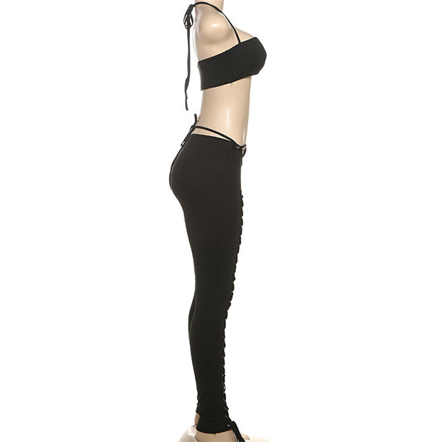 Solid Color Halter Crop Top Hollow Out Laced Up Legging Set