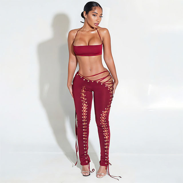 Solid Color Halter Crop Top Hollow Out Laced Up Legging Set