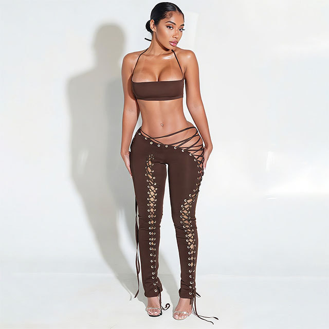 Solid Color Halter Crop Top Hollow Out Laced Up Legging Set