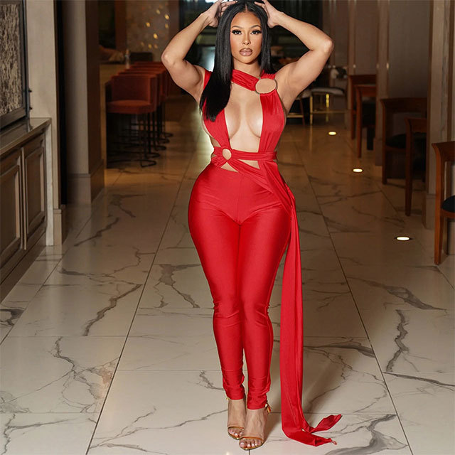 Hollow Out Laced-up Bandage Jumpsuit