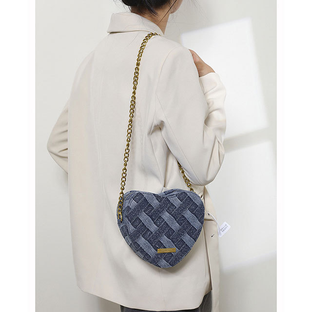 Denim Heart Shaped Chains Crossbody Bag