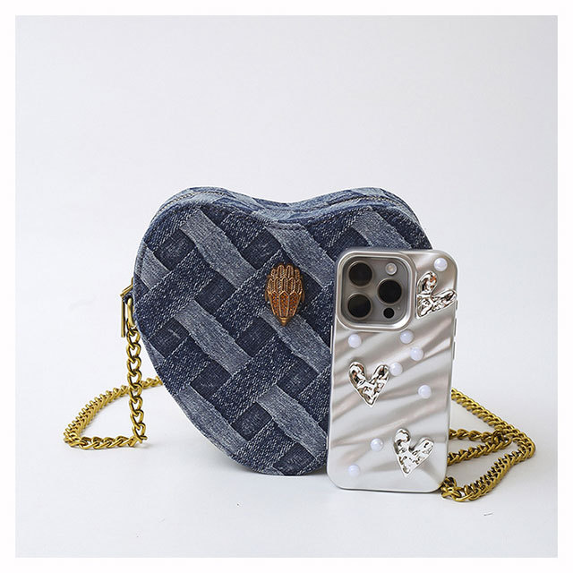 Denim Heart Shaped Chains Crossbody Bag