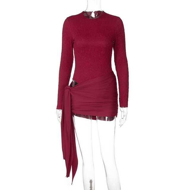 Long Sleeve Lace Teddies Top Ruched Skirt Set