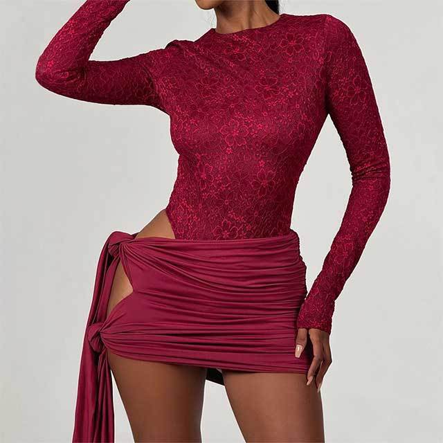 Long Sleeve Lace Teddies Top Ruched Skirt Set