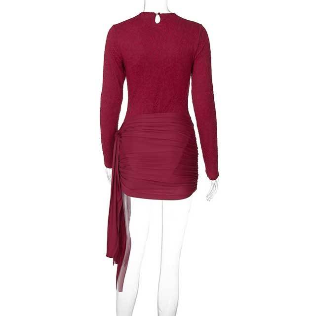 Long Sleeve Lace Teddies Top Ruched Skirt Set