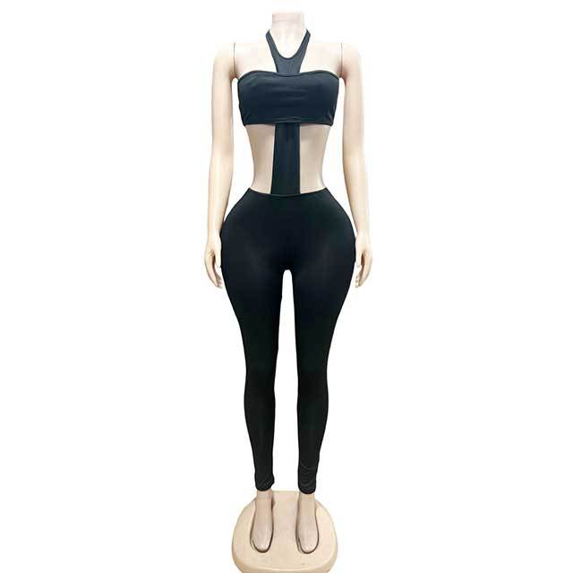 Solid Color Halter Neck Tube Top Tight Pant Set