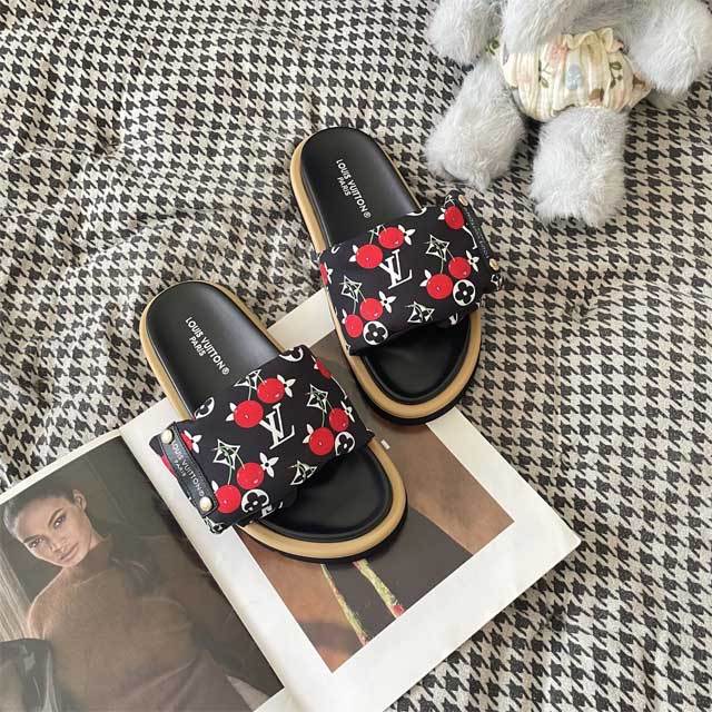Fashion Cherry Print Velcro Flat Slides