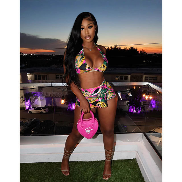 Floral Printed Halter Neck Crop Top Mini Short Set