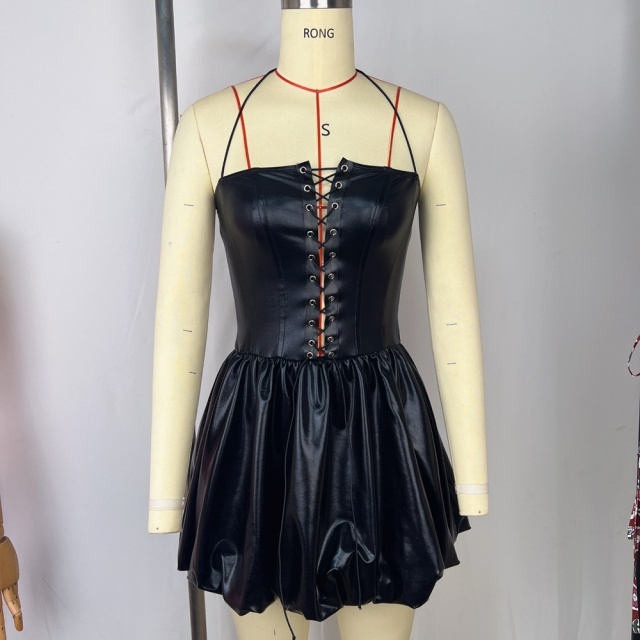 Hollow Out Laced Up Pu Leather Dress