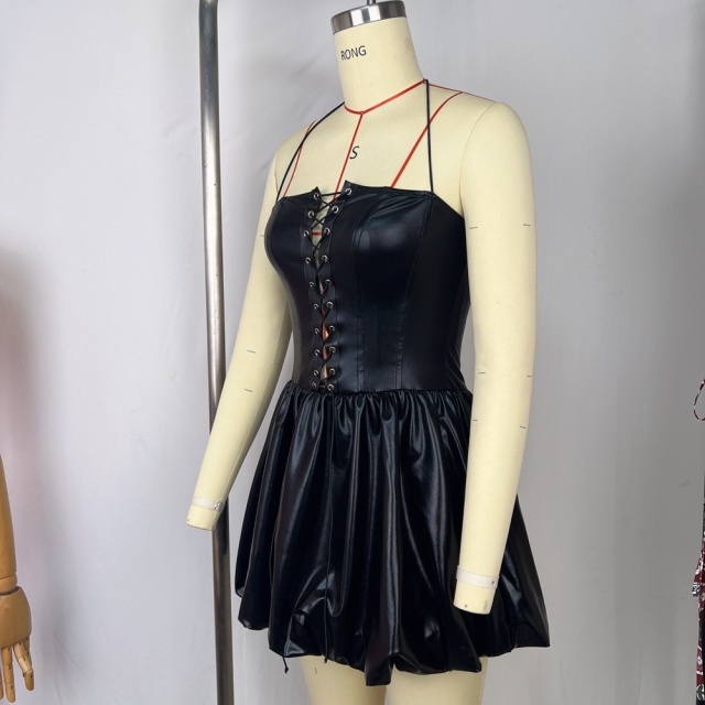 Hollow Out Laced Up Pu Leather Dress