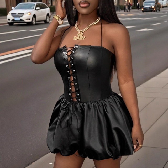Hollow Out Laced Up Pu Leather Dress