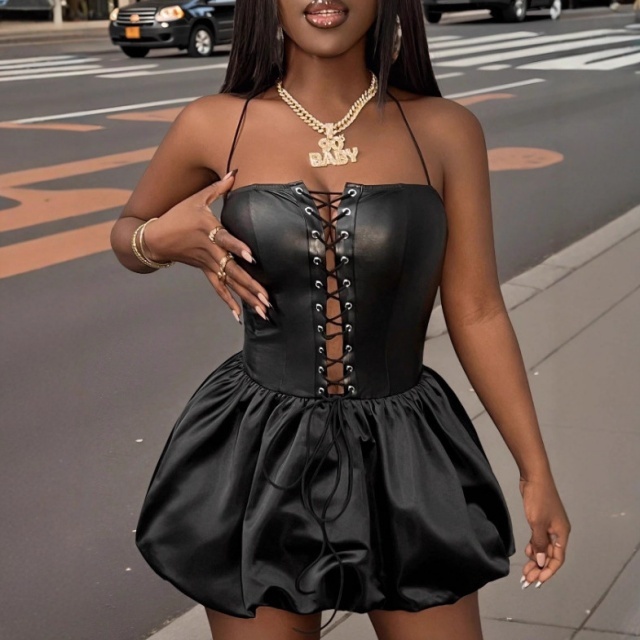 Hollow Out Laced Up Pu Leather Dress