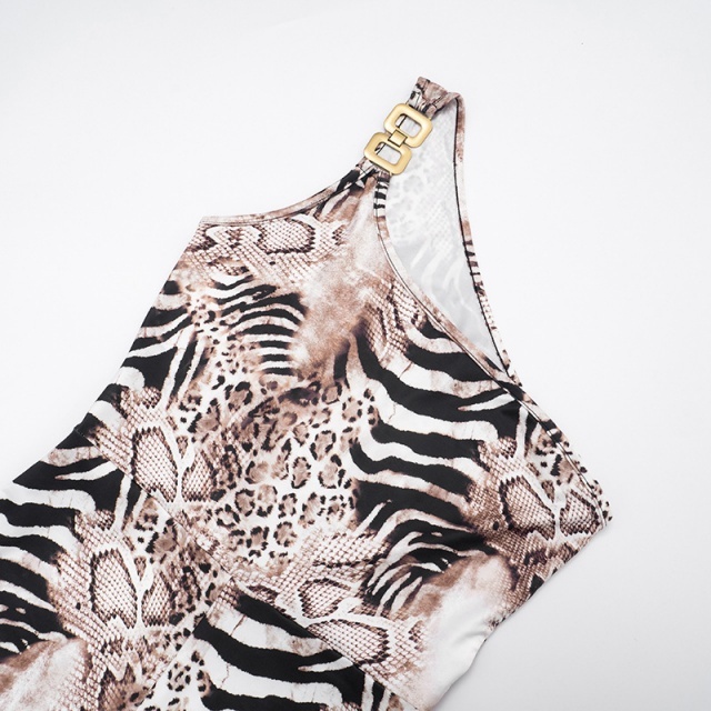Leopard Printed Single Shouder Cropped Jumpsuit