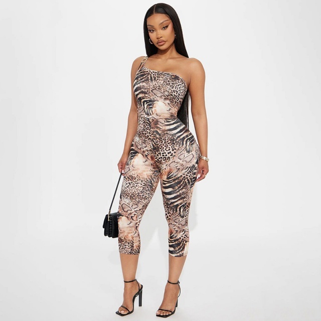 Leopard Printed Single Shouder Cropped Jumpsuit