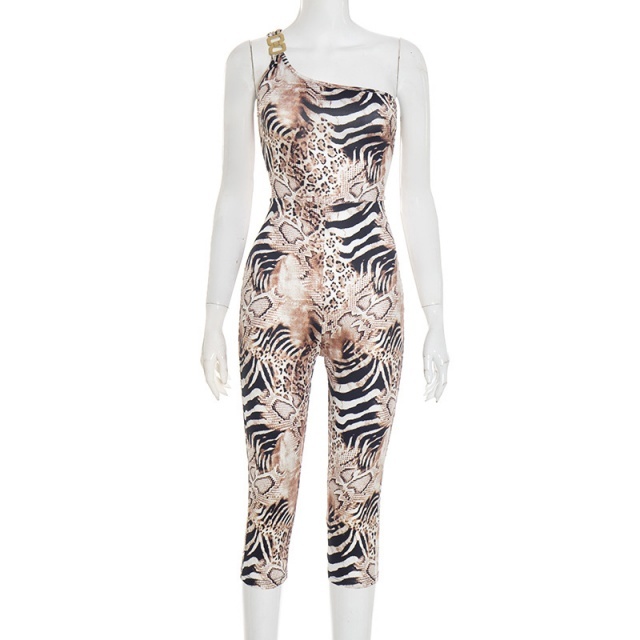 Leopard Printed Single Shouder Cropped Jumpsuit