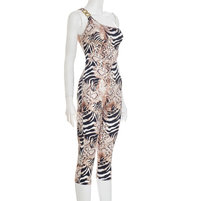 Leopard Printed Single Shouder Cropped Jumpsuit