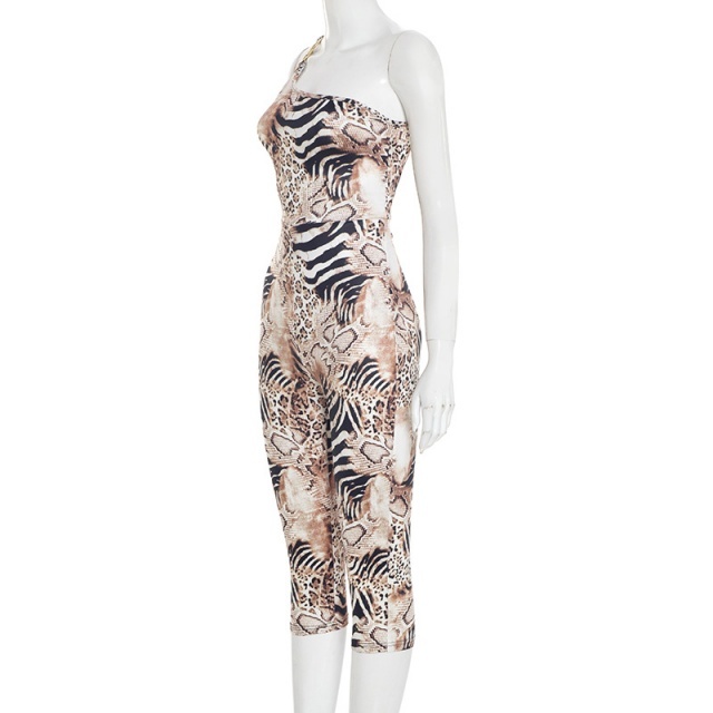 Leopard Printed Single Shouder Cropped Jumpsuit