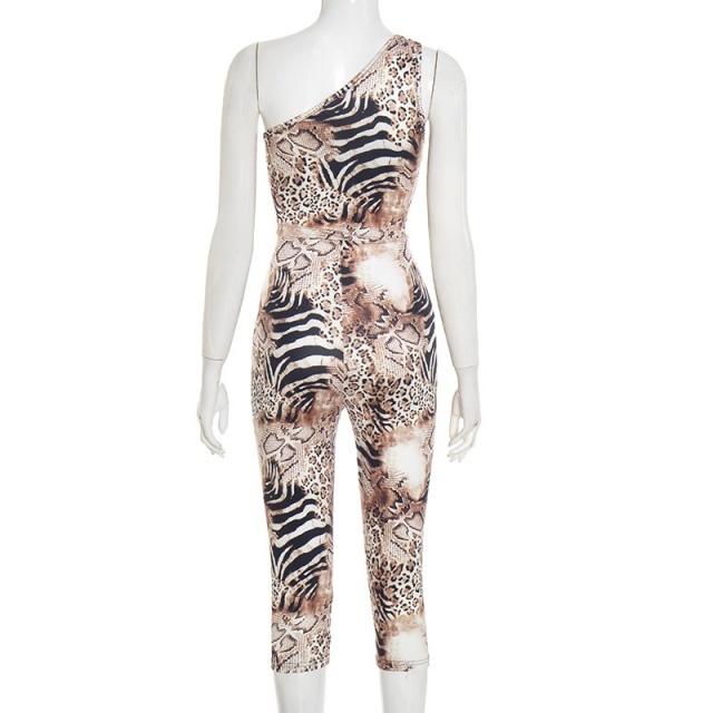 Leopard Printed Single Shouder Cropped Jumpsuit