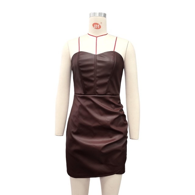 Solid Color Tube Top Corset Design Ruched PU Dress