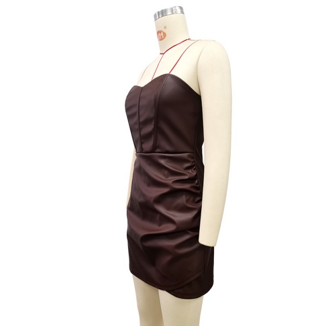 Solid Color Tube Top Corset Design Ruched PU Dress