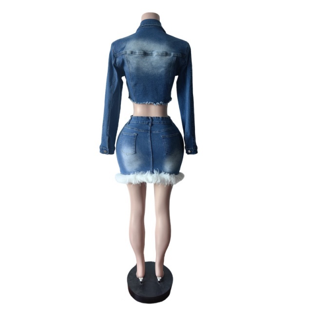 Buttons Denim Short Jacket Top Feather Skirt Set