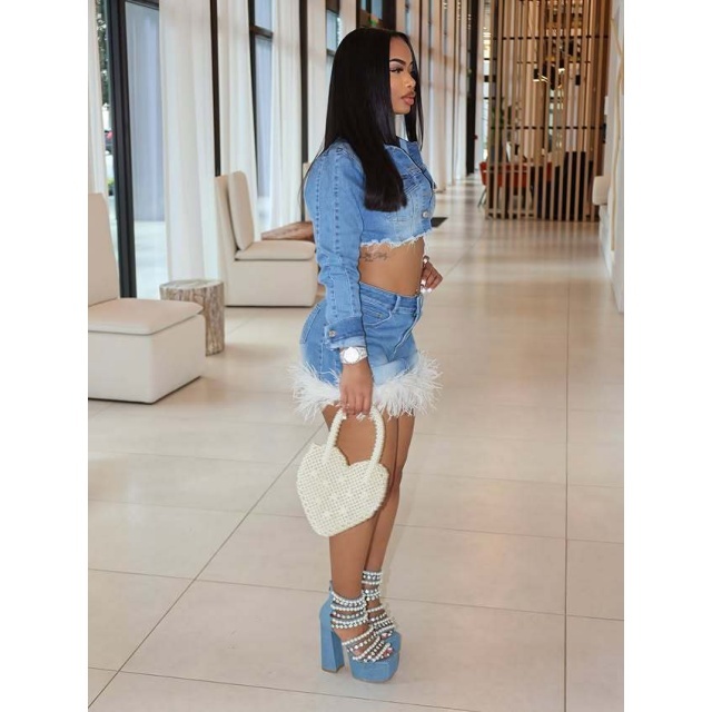 Buttons Denim Short Jacket Top Feather Skirt Set