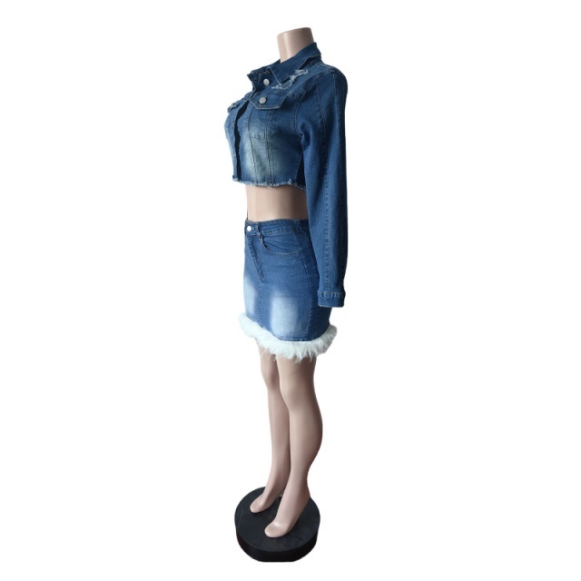 Buttons Denim Short Jacket Top Feather Skirt Set