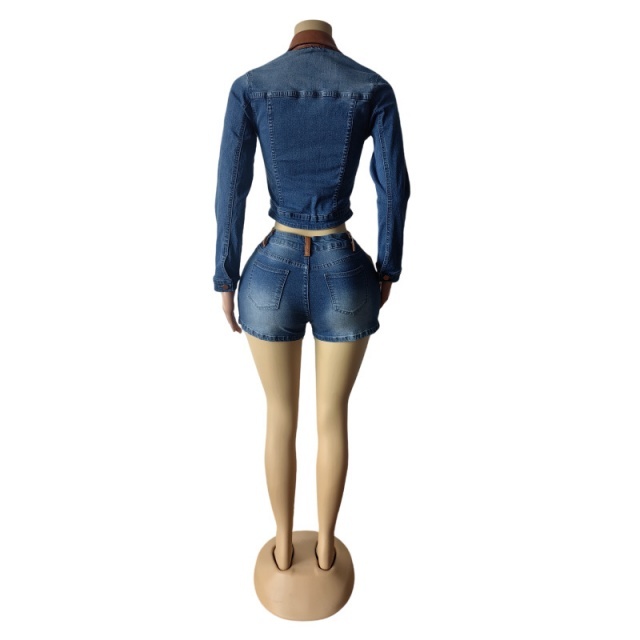 Retro Style Patchwork Fashion Denim Jacket Short Set