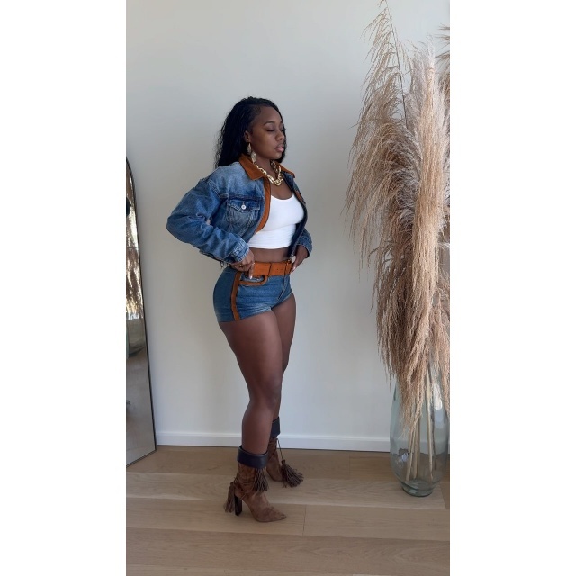 Retro Style Patchwork Fashion Denim Jacket Short Set