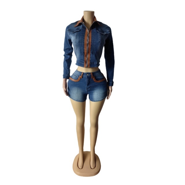 Retro Style Patchwork Fashion Denim Jacket Short Set