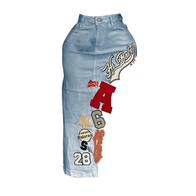 Vintage Style Embroidery High Legs Denim Skirt
