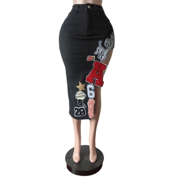Vintage Style Embroidery High Legs Denim Skirt