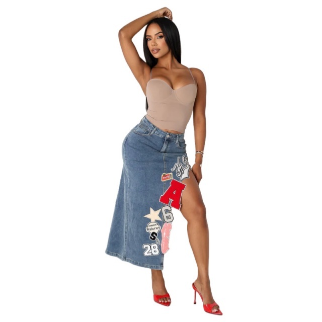 Vintage Style Embroidery High Legs Denim Skirt