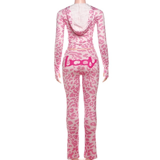 Leopard Printed Hooded Slim Pant Set 2 Pieces