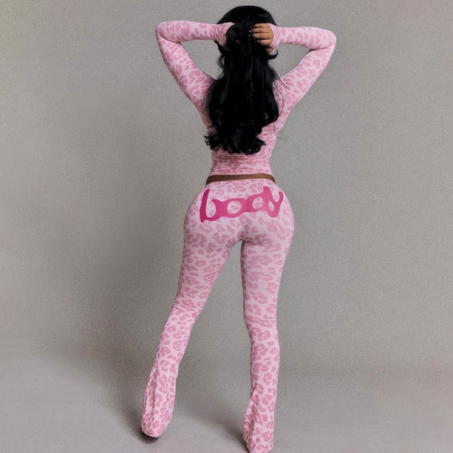 Leopard Printed Hooded Slim Pant Set 2 Pieces