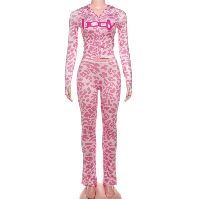 Leopard Printed Hooded Slim Pant Set 2 Pieces