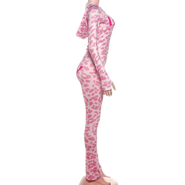 Leopard Printed Hooded Slim Pant Set 2 Pieces