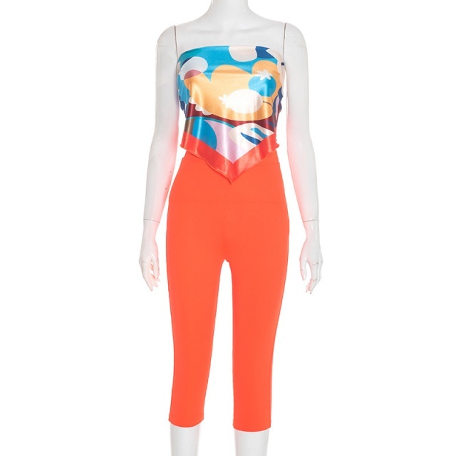 Printed Tie-up Tube Top Cropped Pant Set 2 Pieces