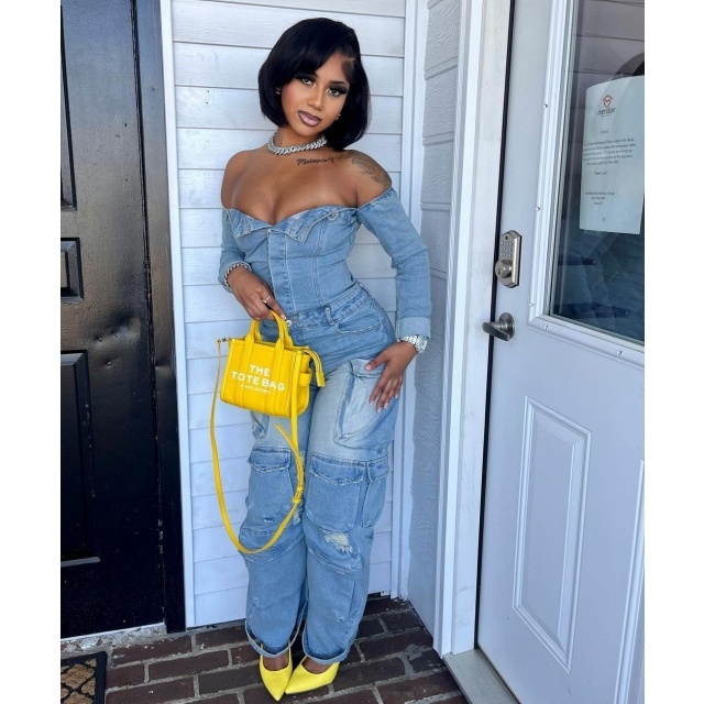 Buttons Down Tube Top Washed Denim Jumpsuit
