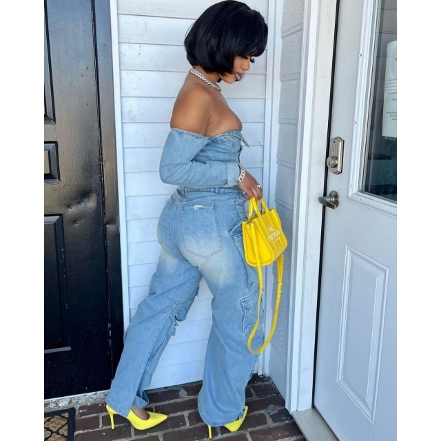 Buttons Down Tube Top Washed Denim Jumpsuit