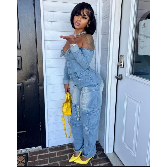 Buttons Down Tube Top Washed Denim Jumpsuit