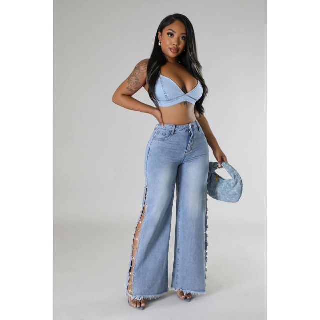 High Legs Diamond Chains Washed Denim Jeans