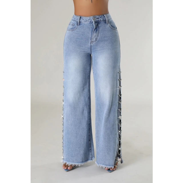 High Legs Diamond Chains Washed Denim Jeans