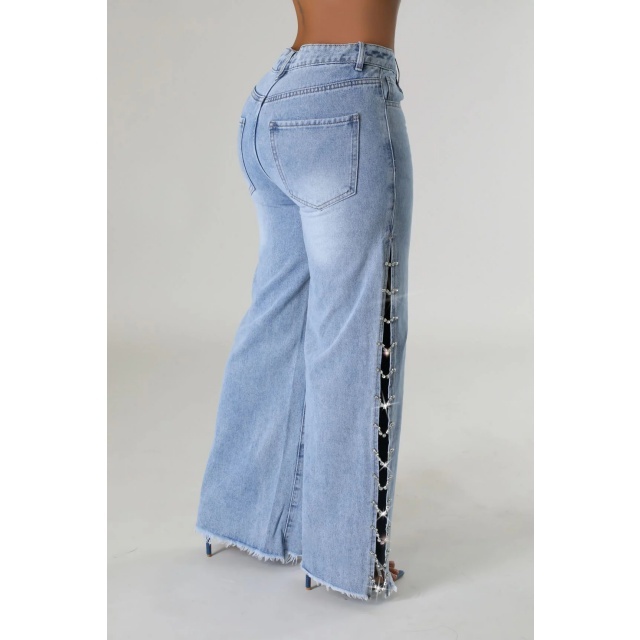 High Legs Diamond Chains Washed Denim Jeans