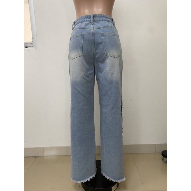 High Legs Diamond Chains Washed Denim Jeans