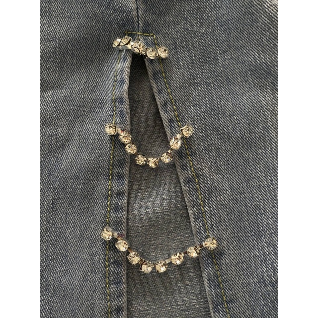 High Legs Diamond Chains Washed Denim Jeans