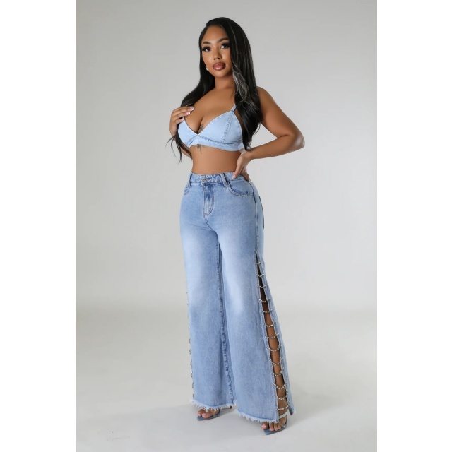 High Legs Diamond Chains Washed Denim Jeans