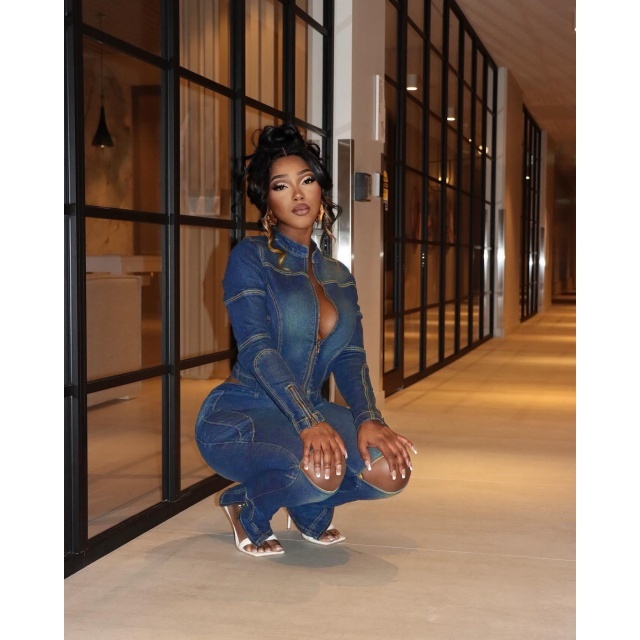 Zipper Design Denim Jacket Cut Out Jeans Two Pieces Set